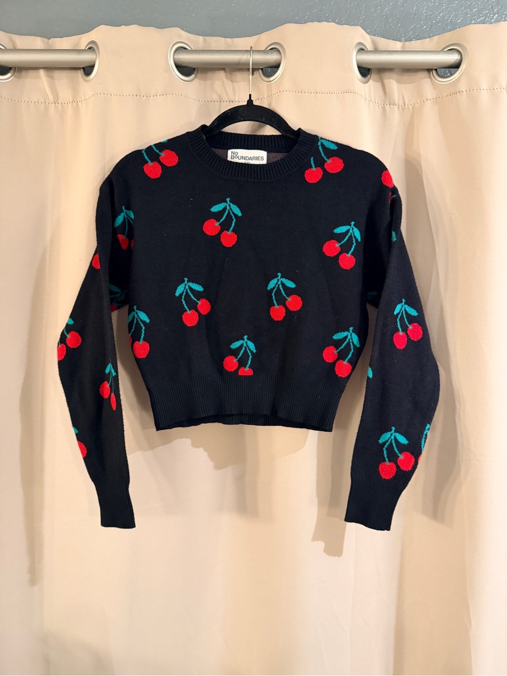 No Boundaries Black Cherry-Print Cropped Crewneck Sweater